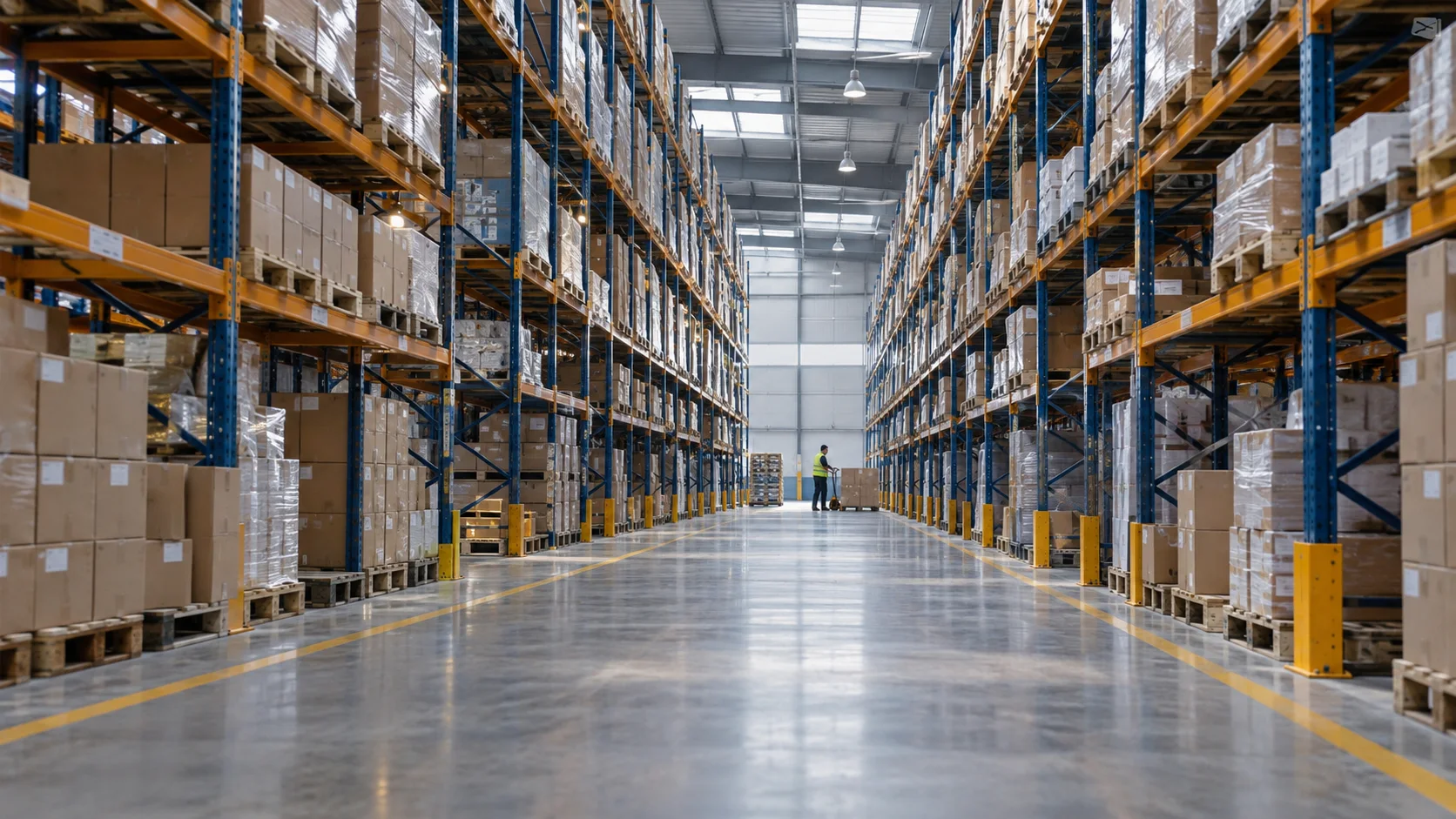AI illustration of an organized warehouse with pallet racks and a clear central aisle