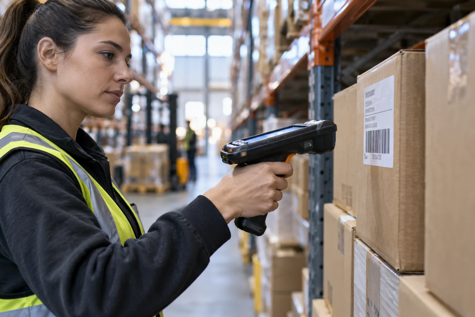 AI illustration of a warehouse operator holding a rugged barcode scanner beside a carton